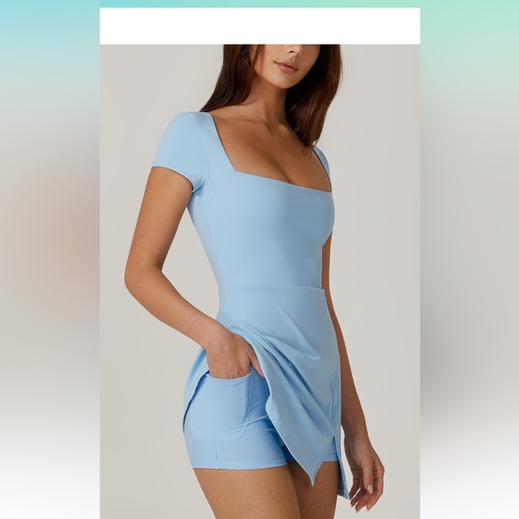 Women Square Neck Tennis Dress 1/2 Sleeve Built in Shorts Golf Athletic Pockets - Picture 1 of 6